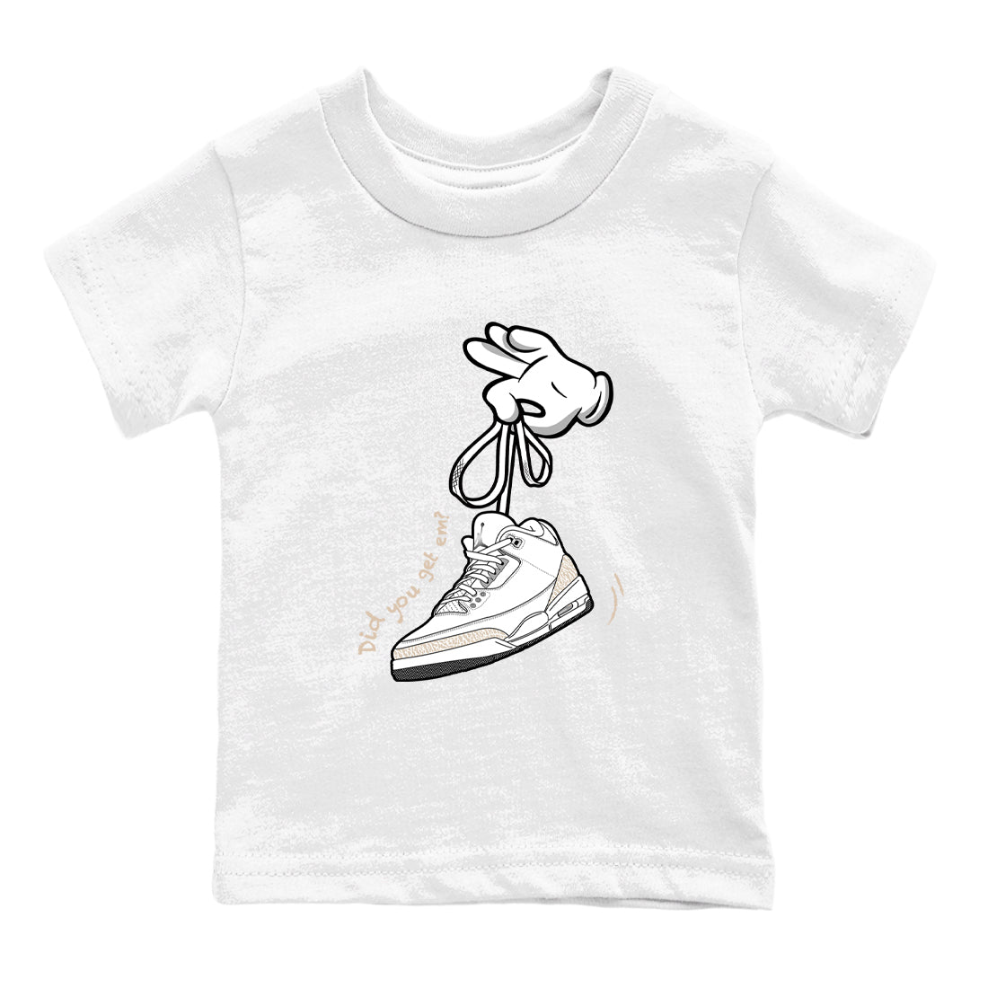 Cartoon Hands baby and kids t-shirt crafted for little sneakerheads to shine with the Air Jordan 3 Pure Money sneakers, displayed in White 2.
