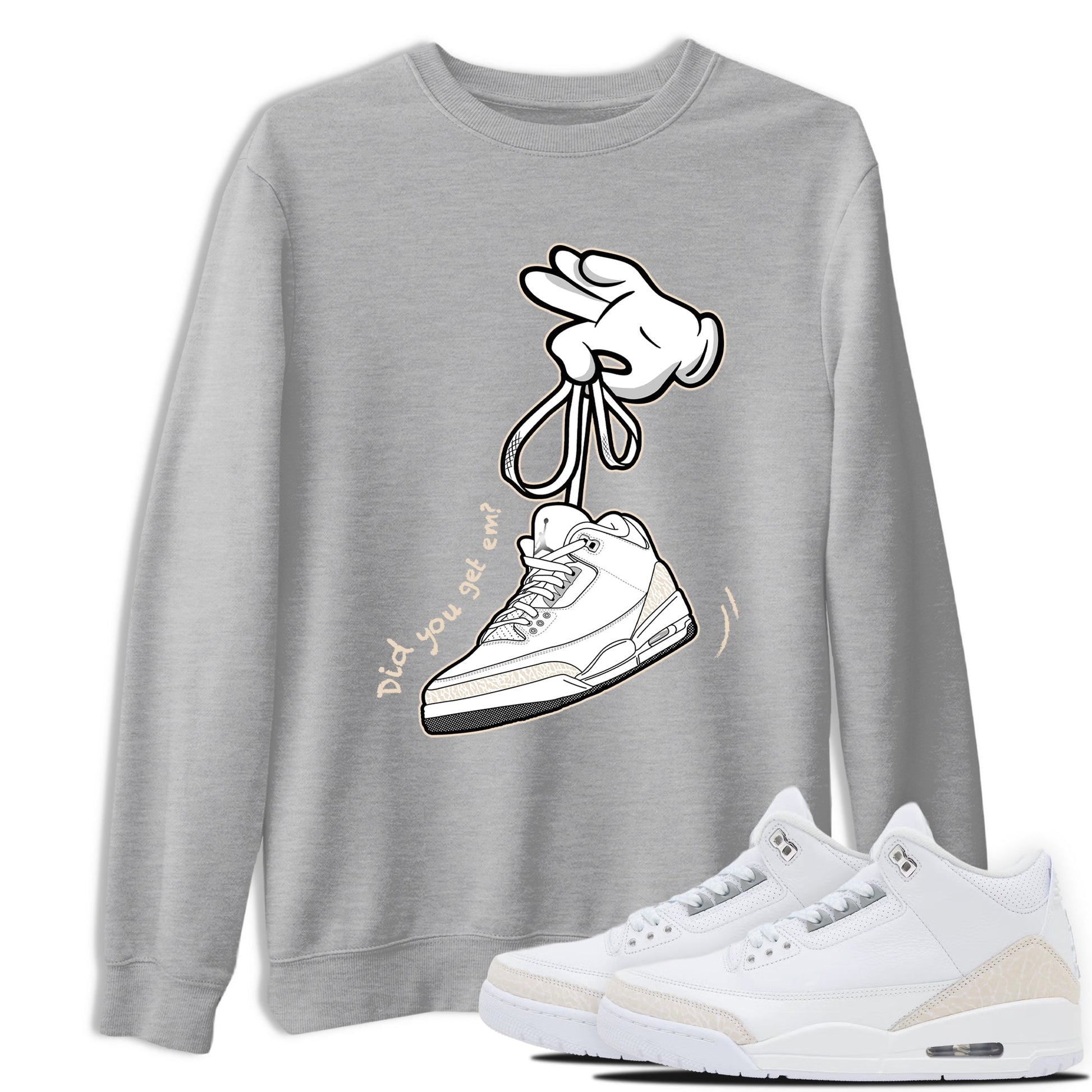 Cartoon Hands sneaker match t-shirt styled to complete your fit with the Air Jordan 3 Pure Money sneakers, shown in Heather Grey 1.