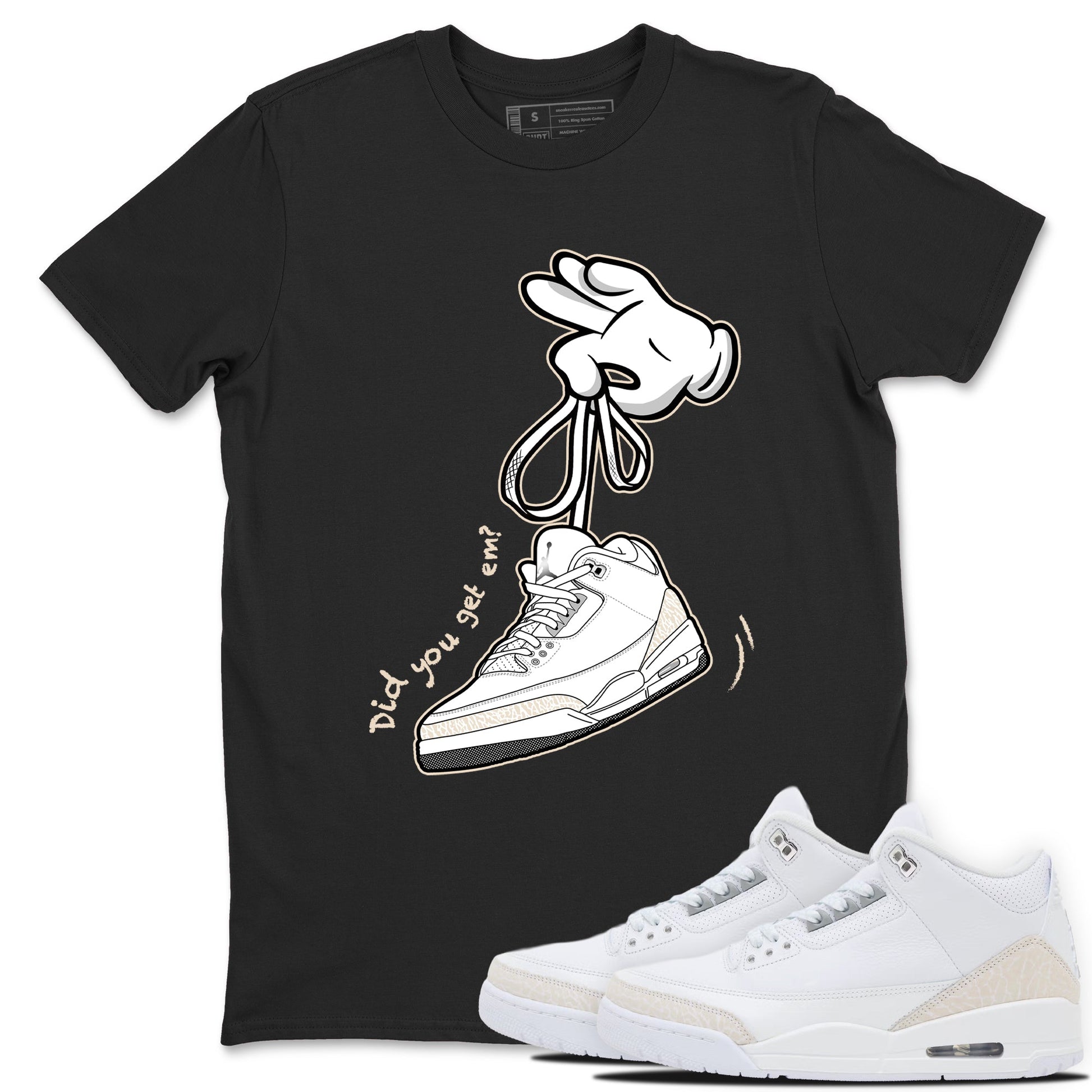 Cartoon Hands sneaker match t-shirt styled to complete your fit with the Air Jordan 3 Pure Money sneakers, shown in Black 1.