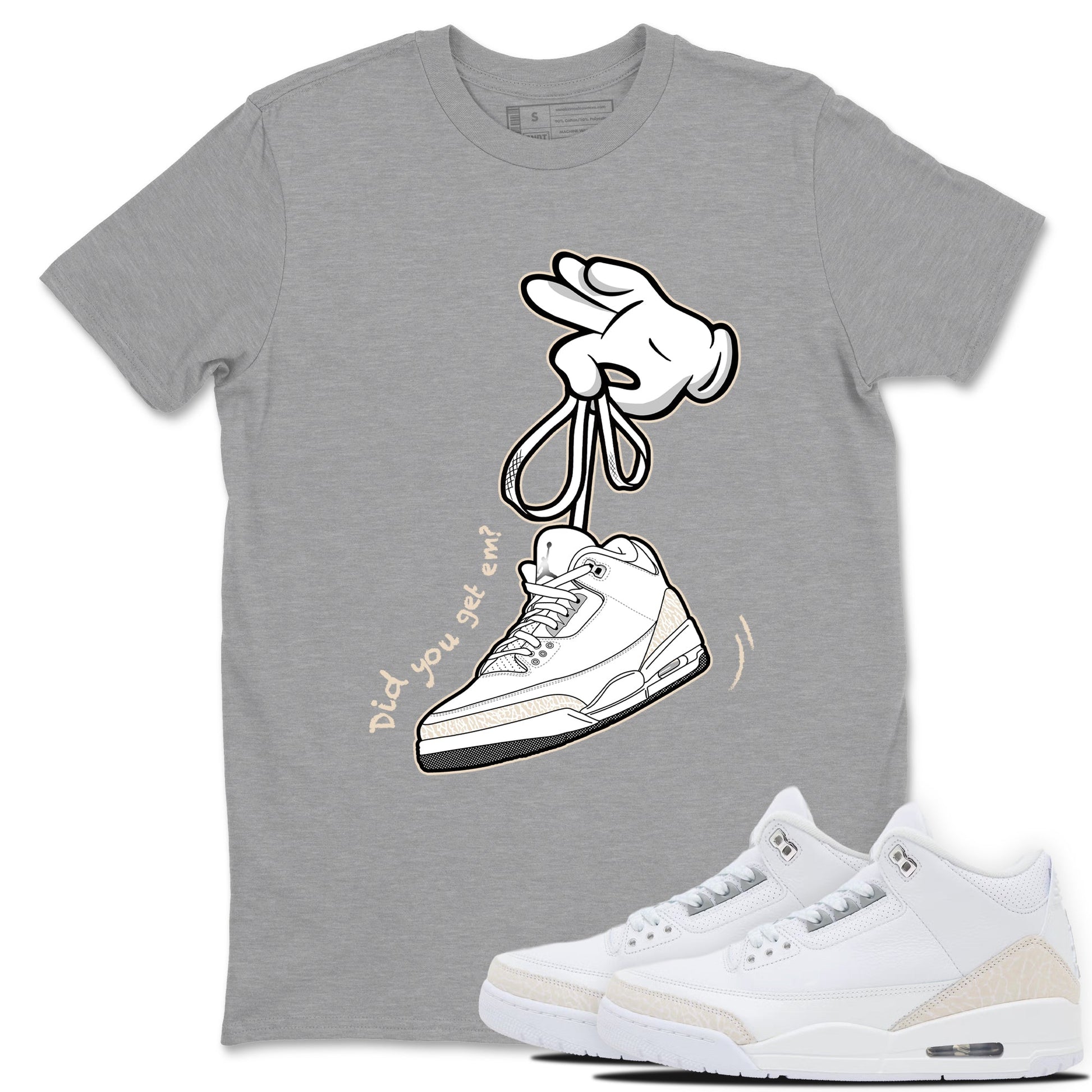 Cartoon Hands sneaker match t-shirt styled to complete your fit with the Air Jordan 3 Pure Money sneakers, shown in Heather Grey 1.