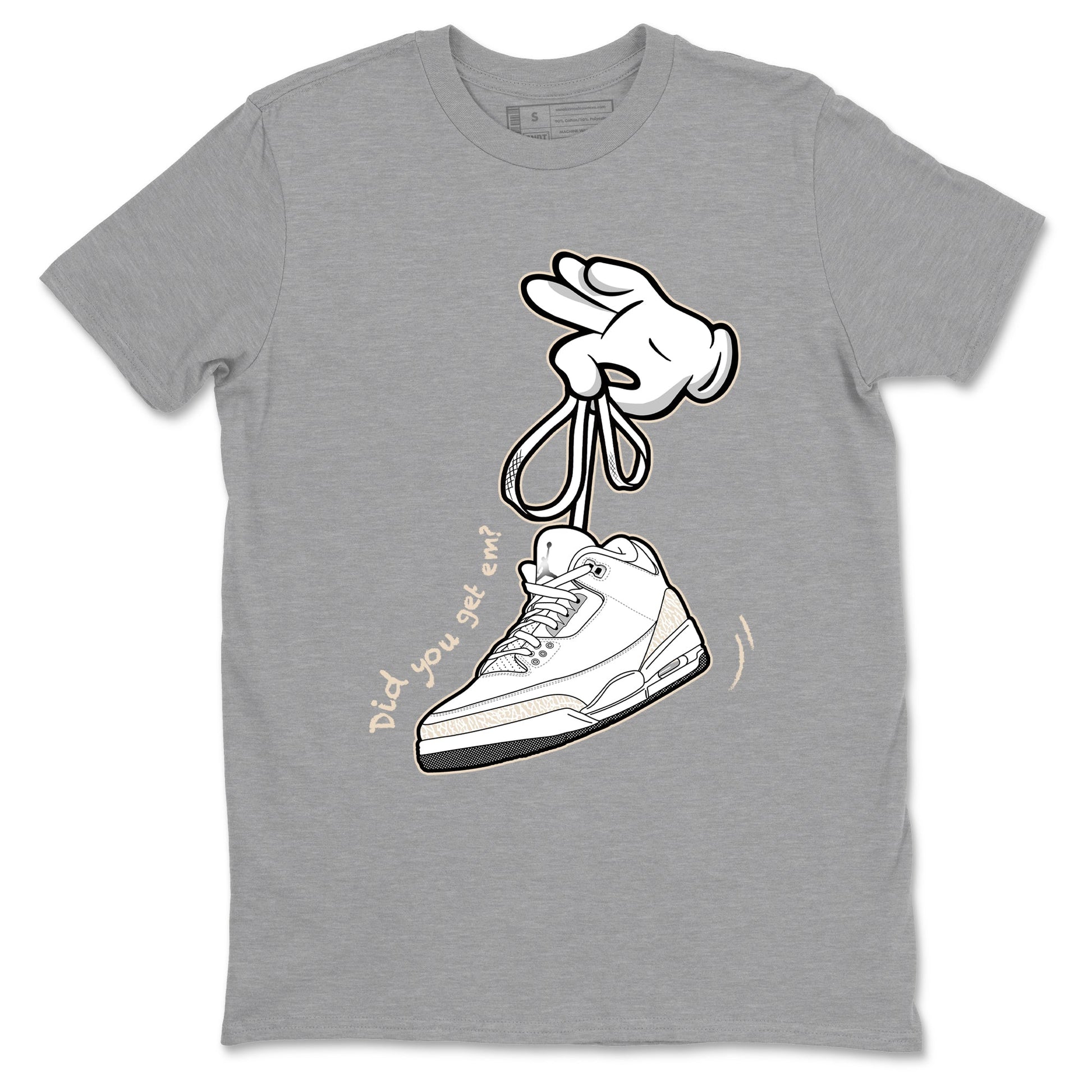 Cartoon Hands sneaker match t-shirt styled to complete your fit with the Air Jordan 3 Pure Money sneakers, shown in Heather Grey 2.