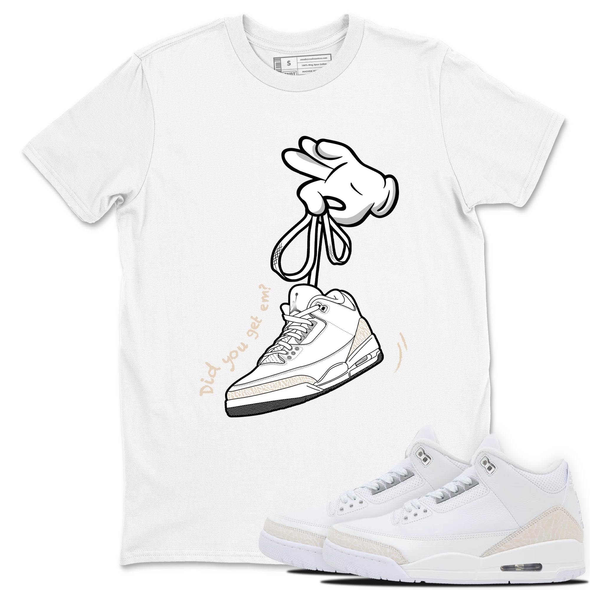 Cartoon Hands sneaker match t-shirt styled to complete your fit with the Air Jordan 3 Pure Money sneakers, shown in White 1.