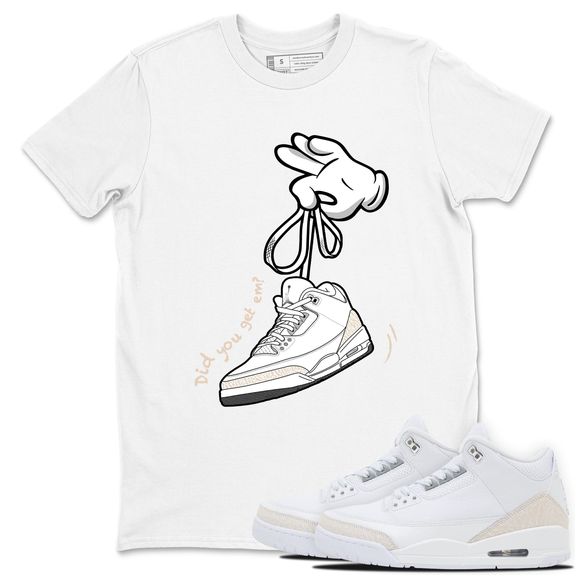 Cartoon Hands sneaker match t-shirt styled to complete your fit with the Air Jordan 3 Pure Money sneakers, shown in White 1.