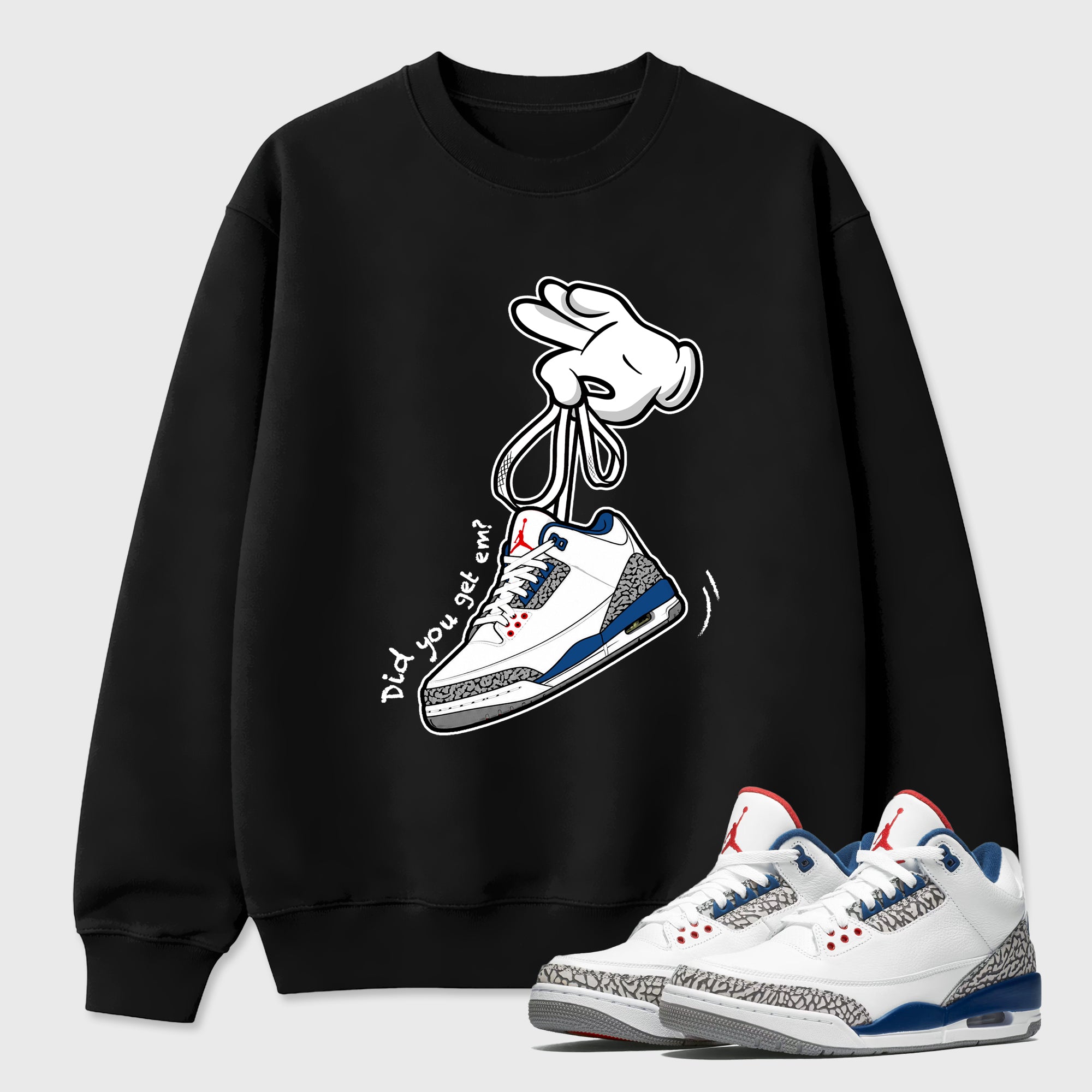 Cartoon Hands Graphic T-Shirt featuring original streetwear artwork designed to match the Air Jordan 3 True Blue. Black 1 Graphic Tee.