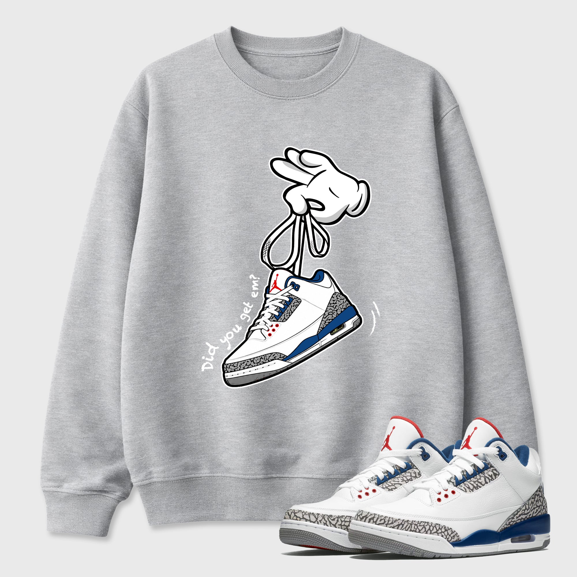 Cartoon Hands Graphic T-Shirt featuring original streetwear artwork designed to match the Air Jordan 3 True Blue. Heather Grey 1 Graphic Tee.