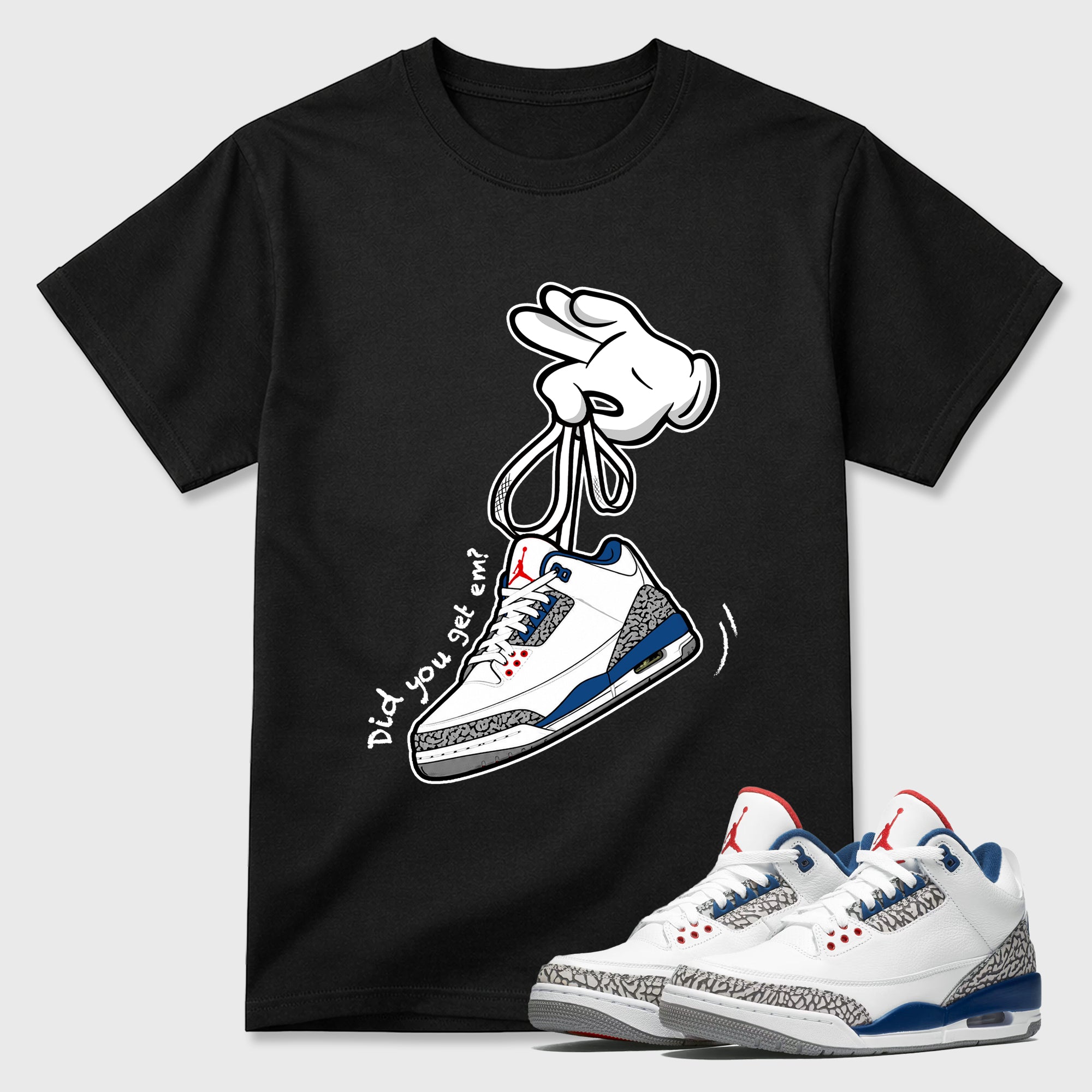 Cartoon Hands Graphic T-Shirt featuring original streetwear artwork designed to match the Air Jordan 3 True Blue. Black 1 Graphic T-Shirt.