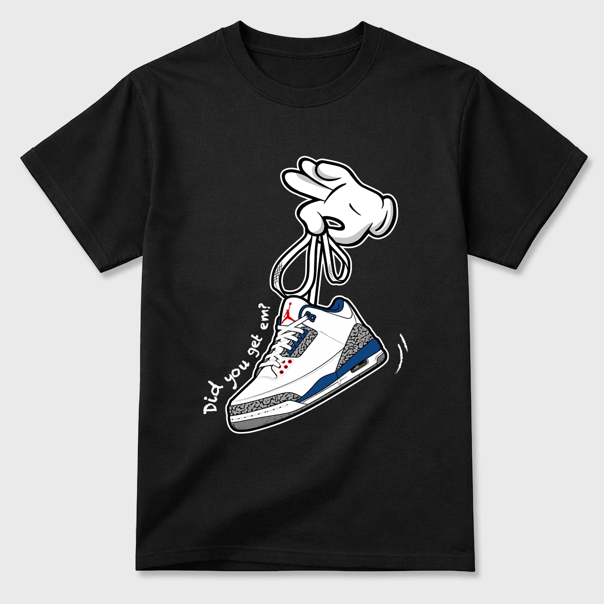 Cartoon Hands Graphic T-Shirt featuring original streetwear artwork designed to match the Air Jordan 3 True Blue. Black 2 Graphic T-Shirt.