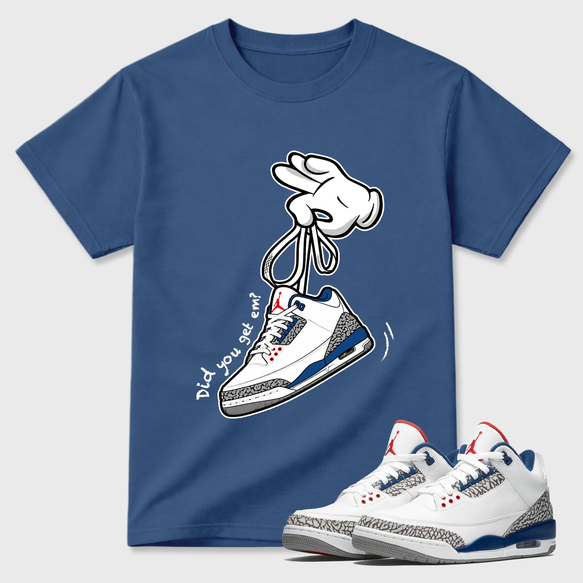 Cartoon Hands Graphic T-Shirt featuring original streetwear artwork designed to match the Air Jordan 3 True Blue. Denim Blue 1 Graphic T-Shirt.