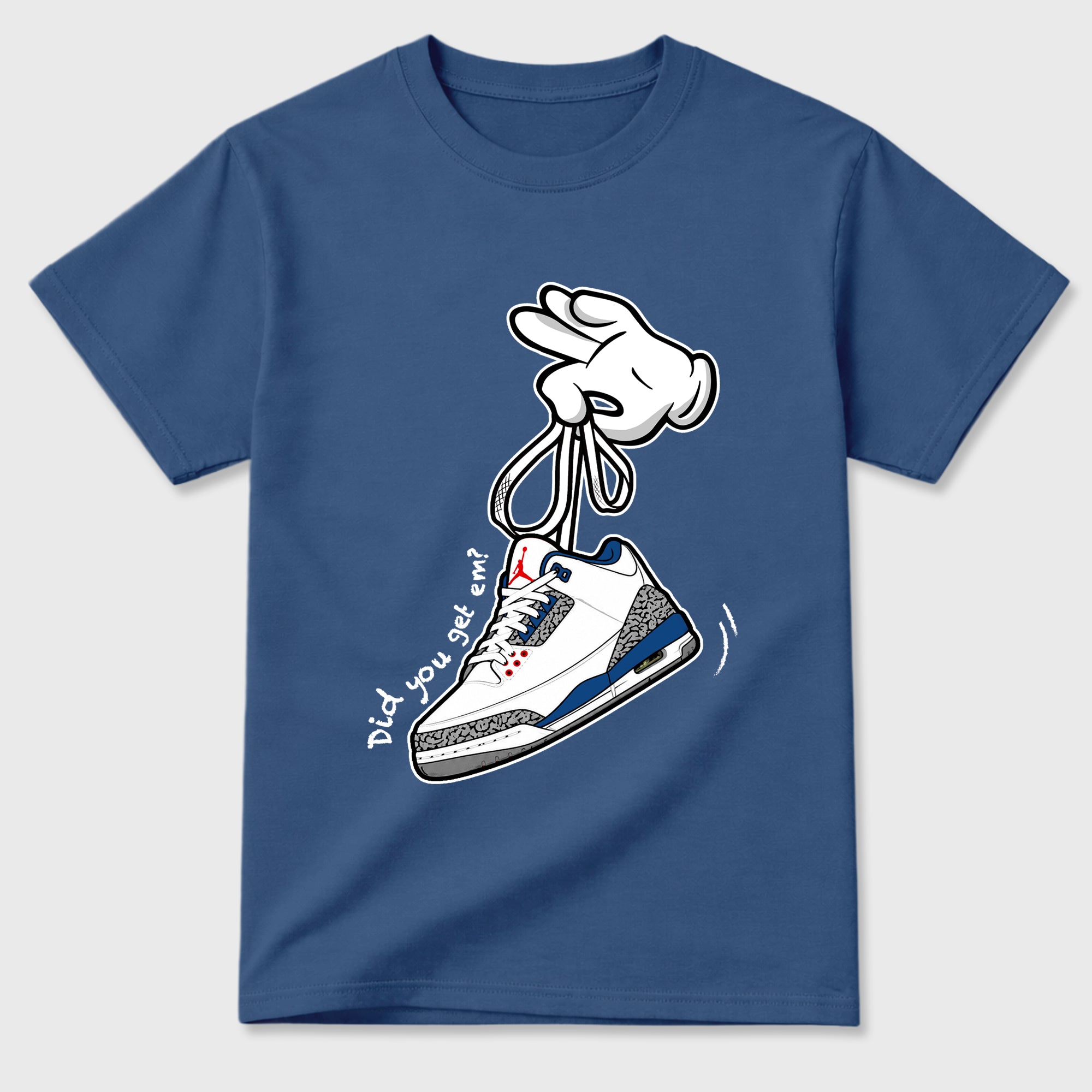 Cartoon Hands Graphic T-Shirt featuring original streetwear artwork designed to match the Air Jordan 3 True Blue. Denim Blue 2 Graphic T-Shirt.
