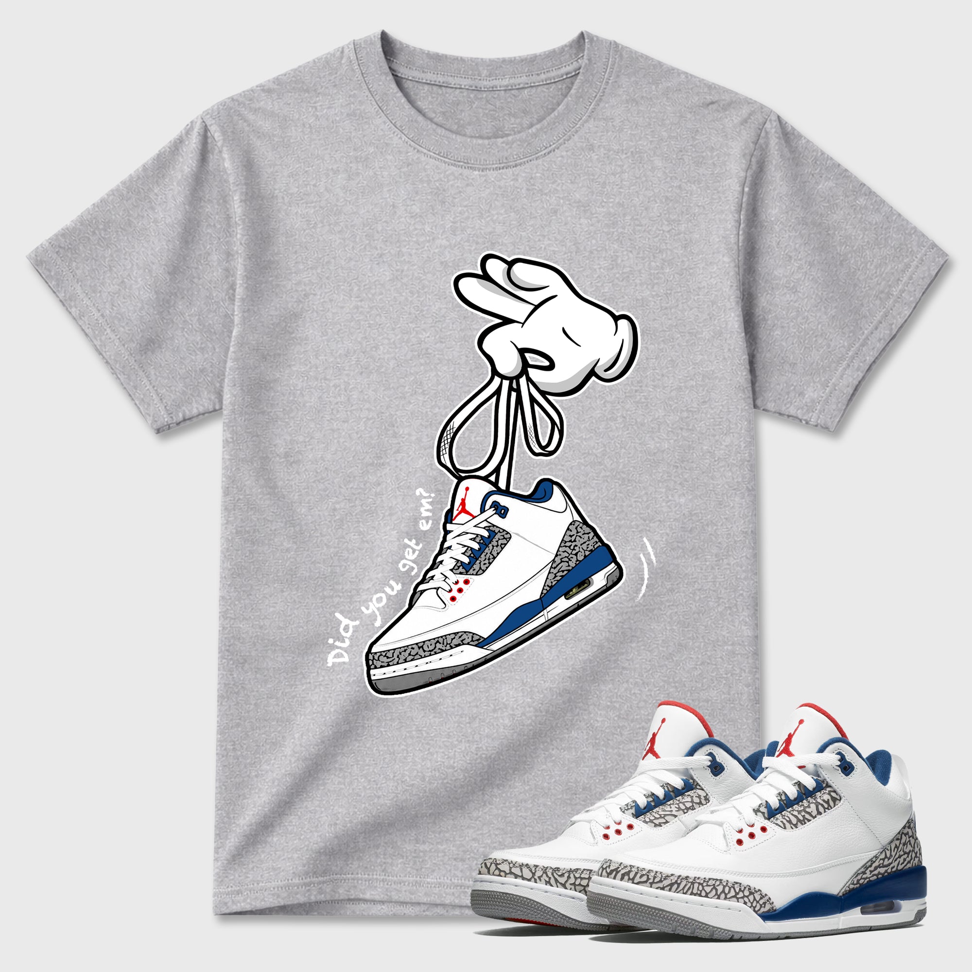 Cartoon Hands Graphic T-Shirt featuring original streetwear artwork designed to match the Air Jordan 3 True Blue. Heather Grey 1 Graphic T-Shirt.
