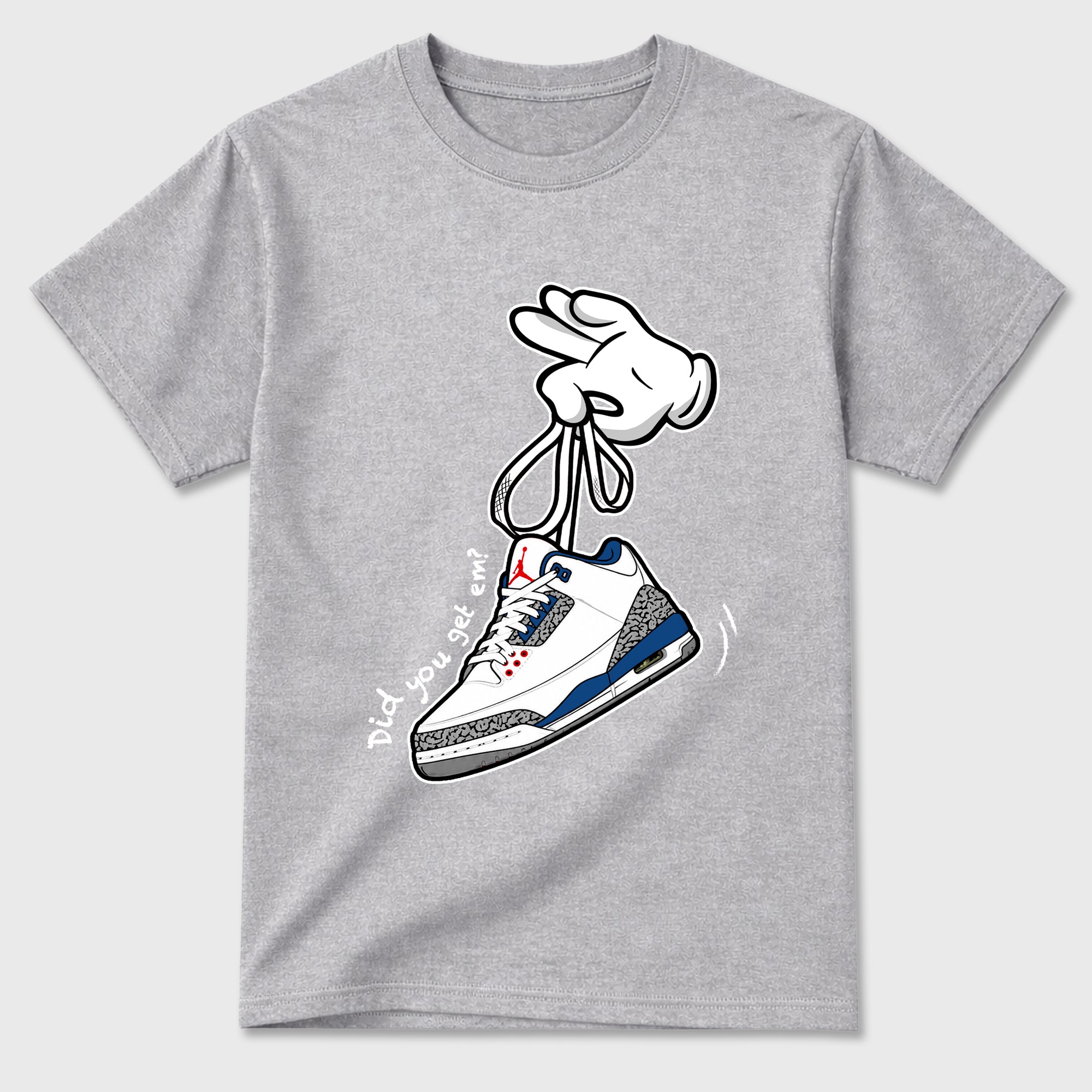 Cartoon Hands Graphic T-Shirt featuring original streetwear artwork designed to match the Air Jordan 3 True Blue. Heather Grey 2 Graphic T-Shirt.