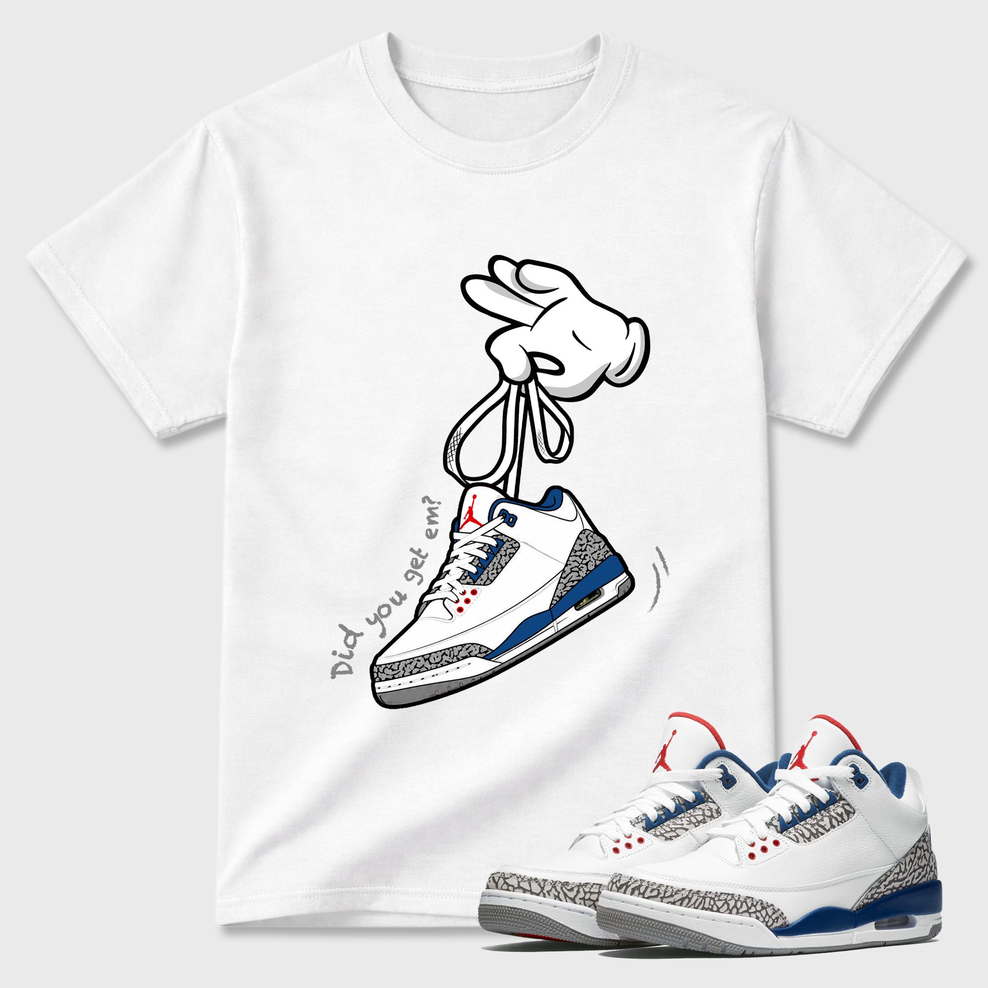 Cartoon Hands Graphic T-Shirt featuring original streetwear artwork designed to match the Air Jordan 3 True Blue. White 1 Graphic T-Shirt.