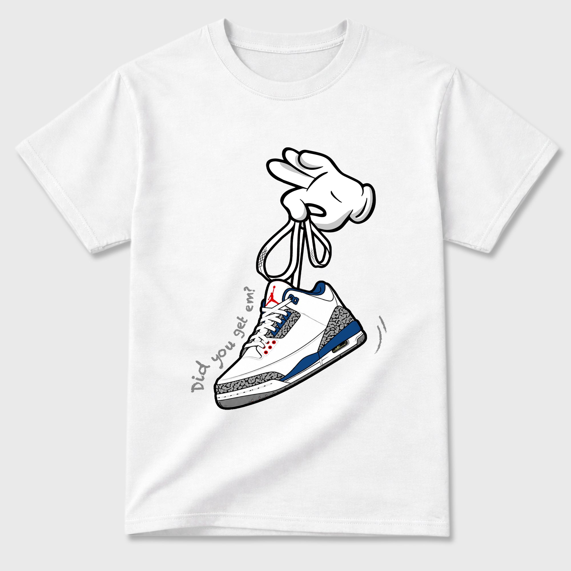 Cartoon Hands Graphic T-Shirt featuring original streetwear artwork designed to match the Air Jordan 3 True Blue. White 2 Graphic T-Shirt.