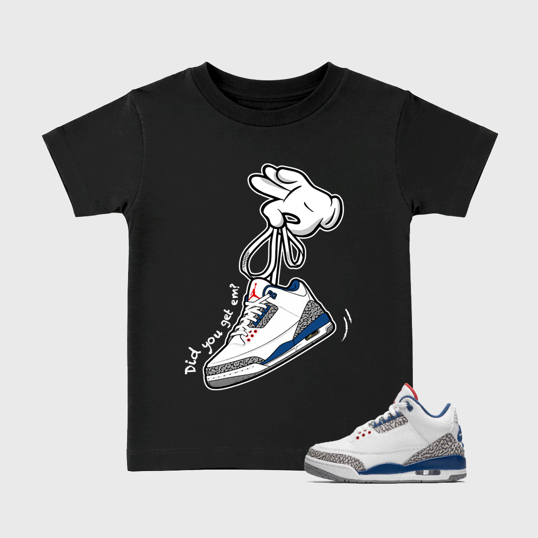 Cartoon Hands Baby & Kids Graphic T-Shirt featuring original artwork designed to match the Air Jordan 3 True Blue. Black 1 Kids Graphic Tee.
