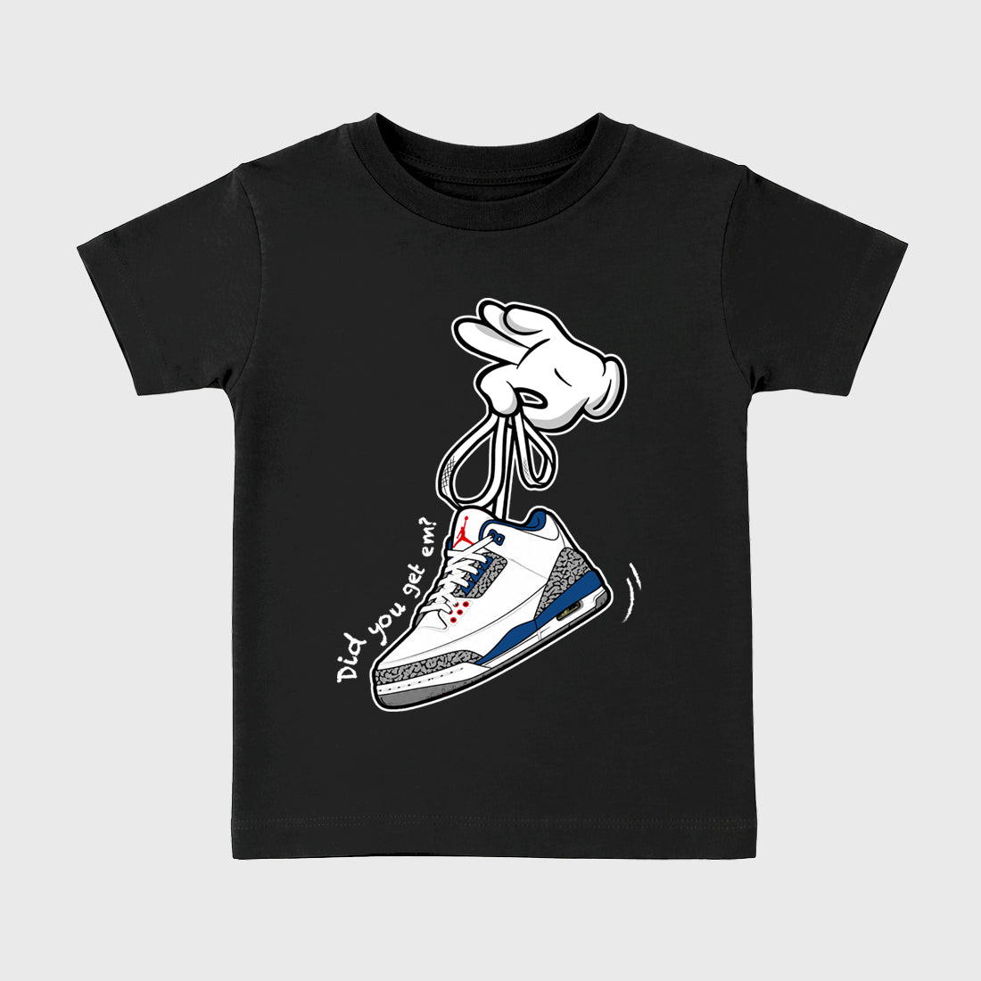 Cartoon Hands Baby & Kids Graphic T-Shirt featuring original artwork designed to match the Air Jordan 3 True Blue. Black 2 Kids Graphic Tee.