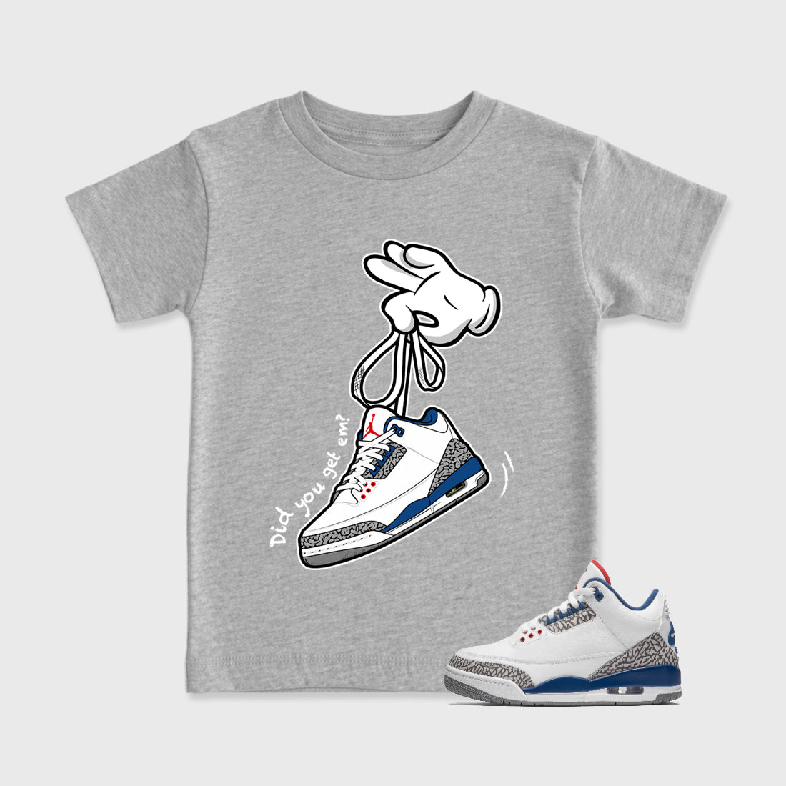 Cartoon Hands Baby & Kids Graphic T-Shirt featuring original artwork designed to match the Air Jordan 3 True Blue. Heather Grey 1 Kids Graphic Tee.
