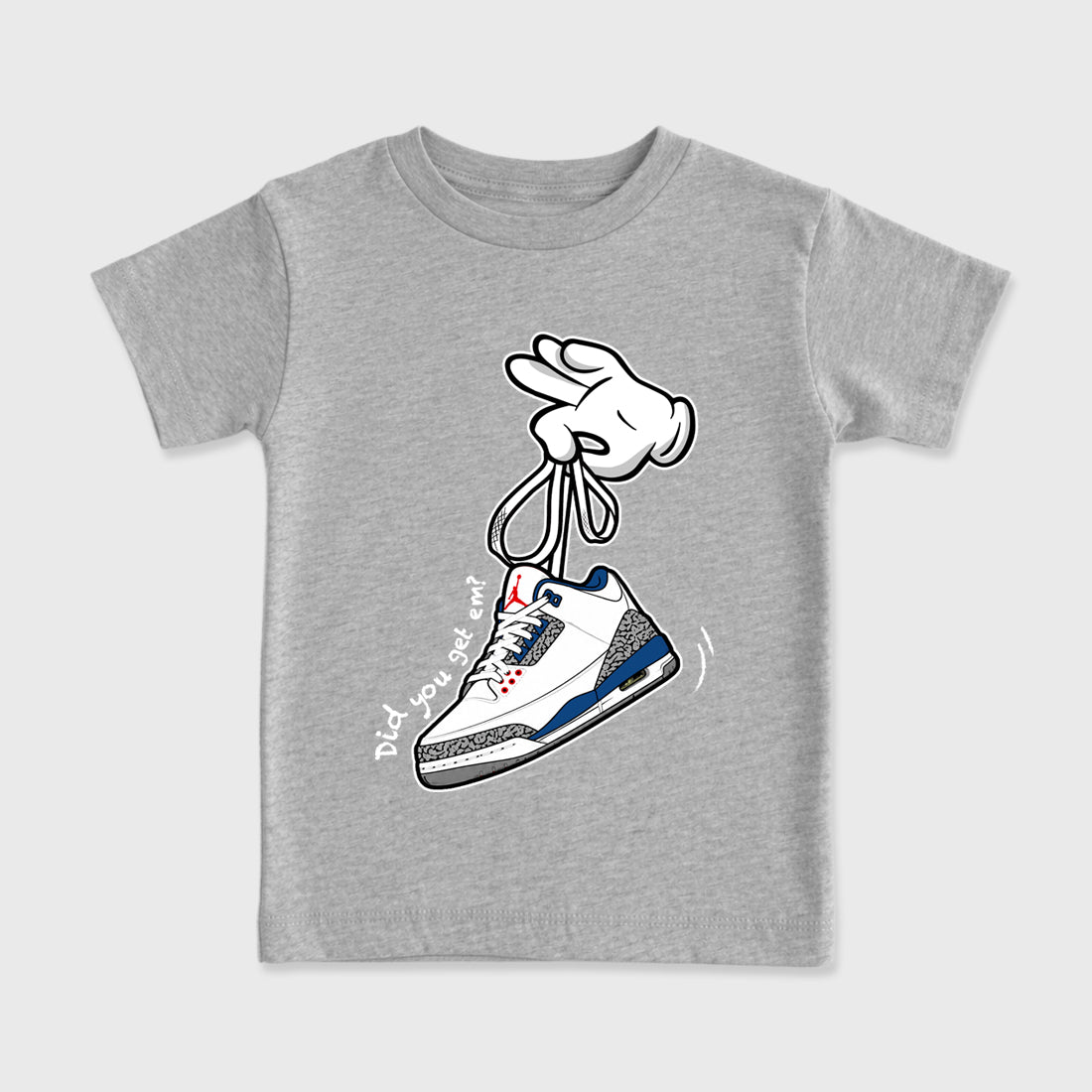 Cartoon Hands Baby & Kids Graphic T-Shirt featuring original artwork designed to match the Air Jordan 3 True Blue. Heather Grey 2 Kids Graphic Tee.