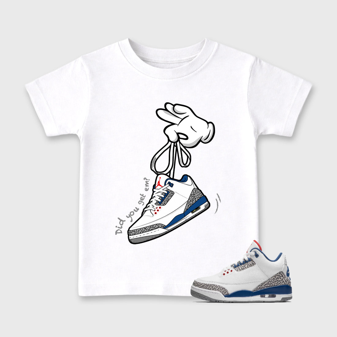Cartoon Hands Baby & Kids Graphic T-Shirt featuring original artwork designed to match the Air Jordan 3 True Blue. White 1 Kids Graphic Tee.