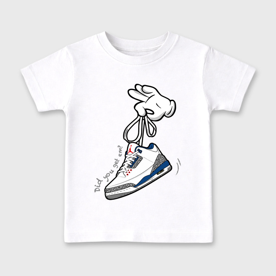 Cartoon Hands Baby & Kids Graphic T-Shirt featuring original artwork designed to match the Air Jordan 3 True Blue. White 2 Kids Graphic Tee.