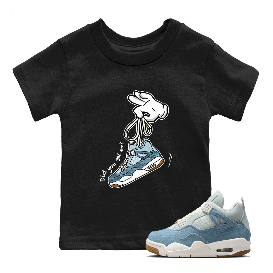 Sneaker match tees – Sneaker Tees To Match 4s Worn Blue Air Jordan 4 Denim Shoes – Cartoon Hands Kids T-Shirt Black 1