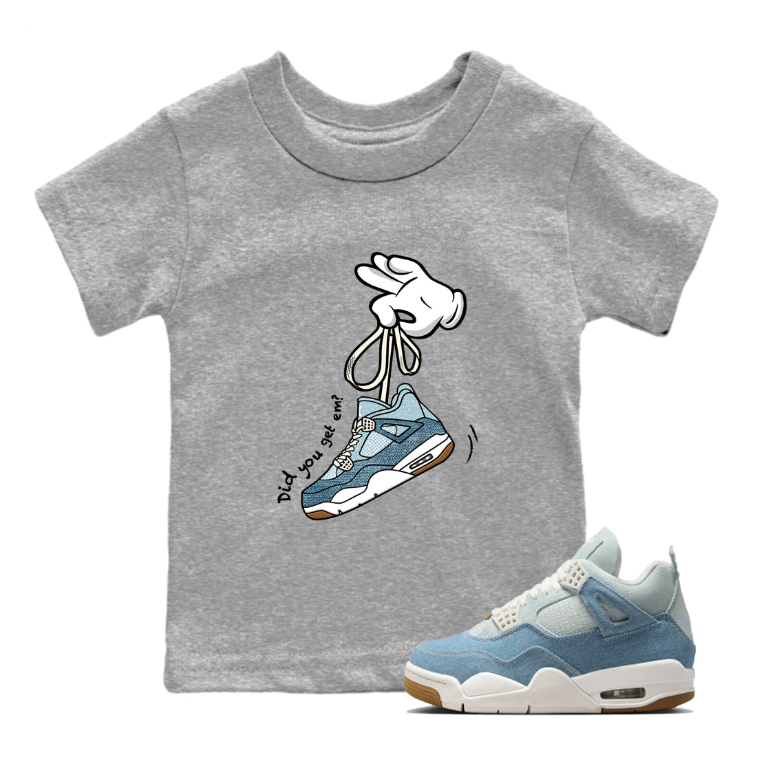 Sneaker match tees – Sneaker Tees To Match 4s Worn Blue Air Jordan 4 Denim Shoes – Cartoon Hands Kids T-Shirt Heather Grey 1