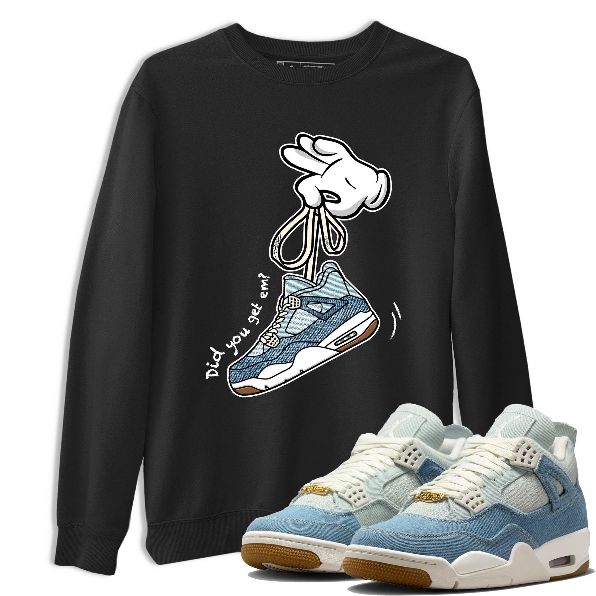 Sneaker match tees – Sneaker Tees To Match 4s Worn Blue Air Jordan 4 Denim Shoes – Cartoon Hands Tee Black 1