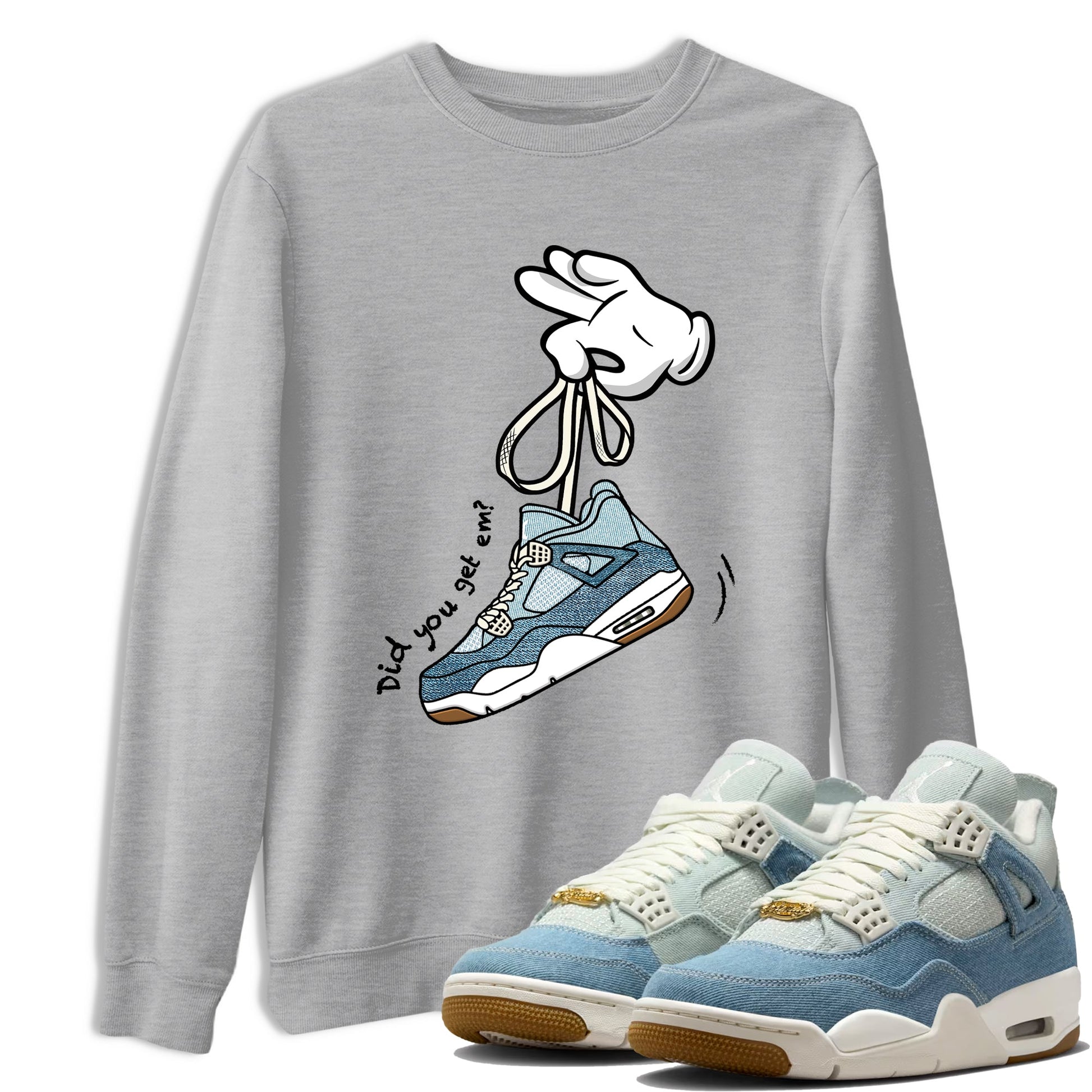 Sneaker match tees – Sneaker Tees To Match 4s Worn Blue Air Jordan 4 Denim Shoes – Cartoon Hands Tee Heather Grey 1
