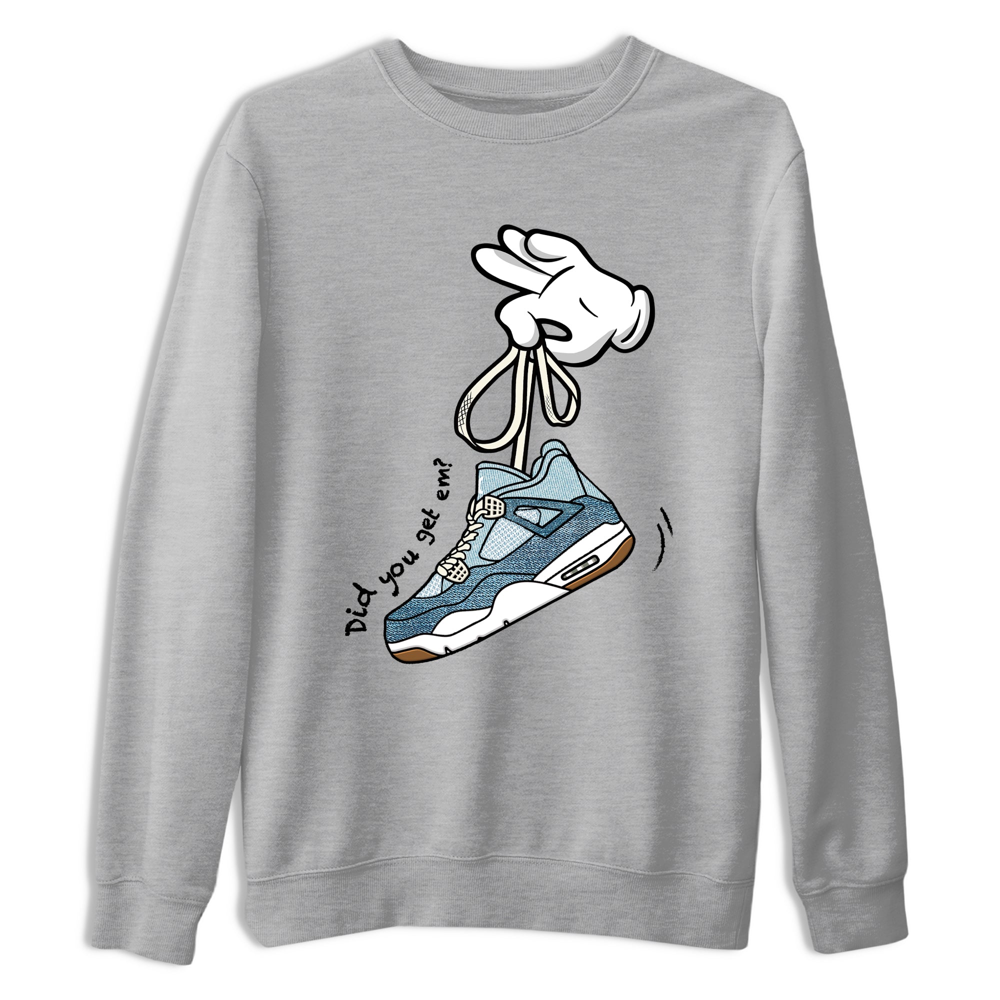 Sneaker match tees – Sneaker Tees To Match 4s Worn Blue Air Jordan 4 Denim Shoes – Cartoon Hands Tee Heather Grey 2