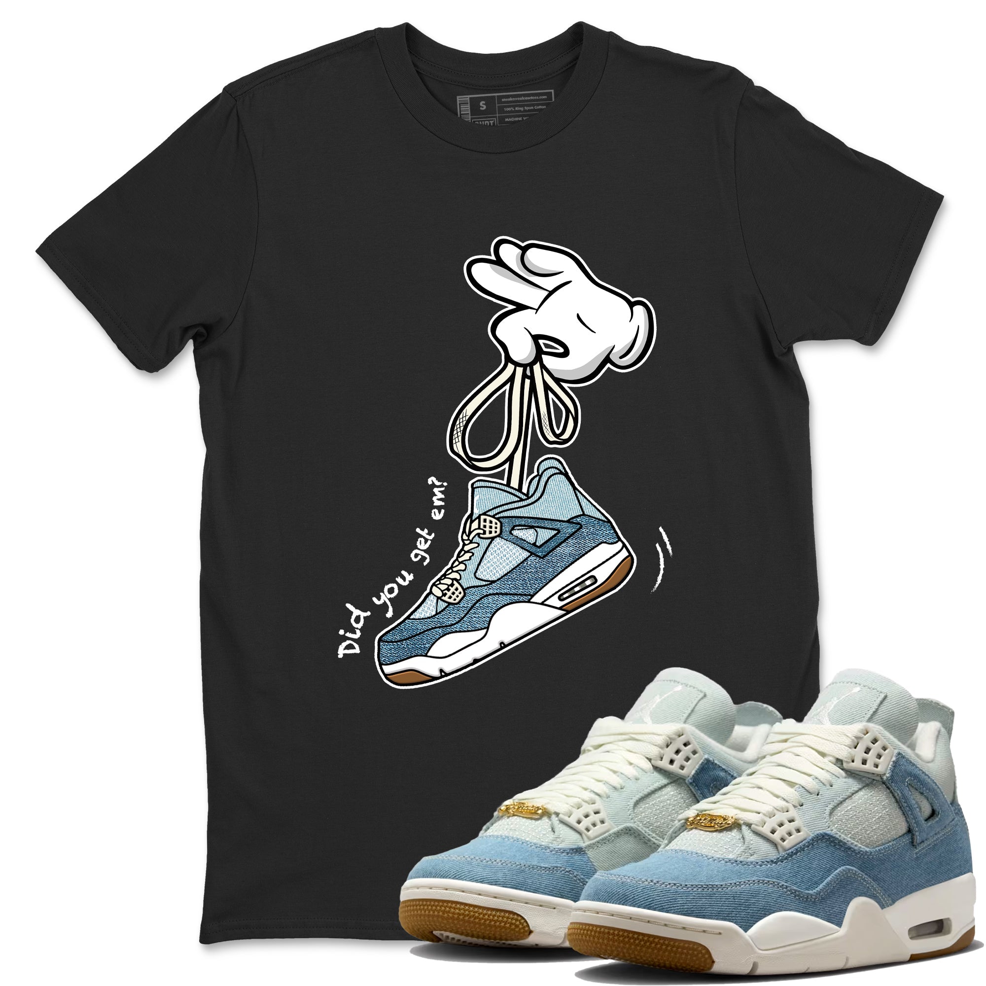 Sneaker match tees – Sneaker Tees To Match 4s Worn Blue Air Jordan 4 Denim Shoes – Cartoon Hands Tee Black 1