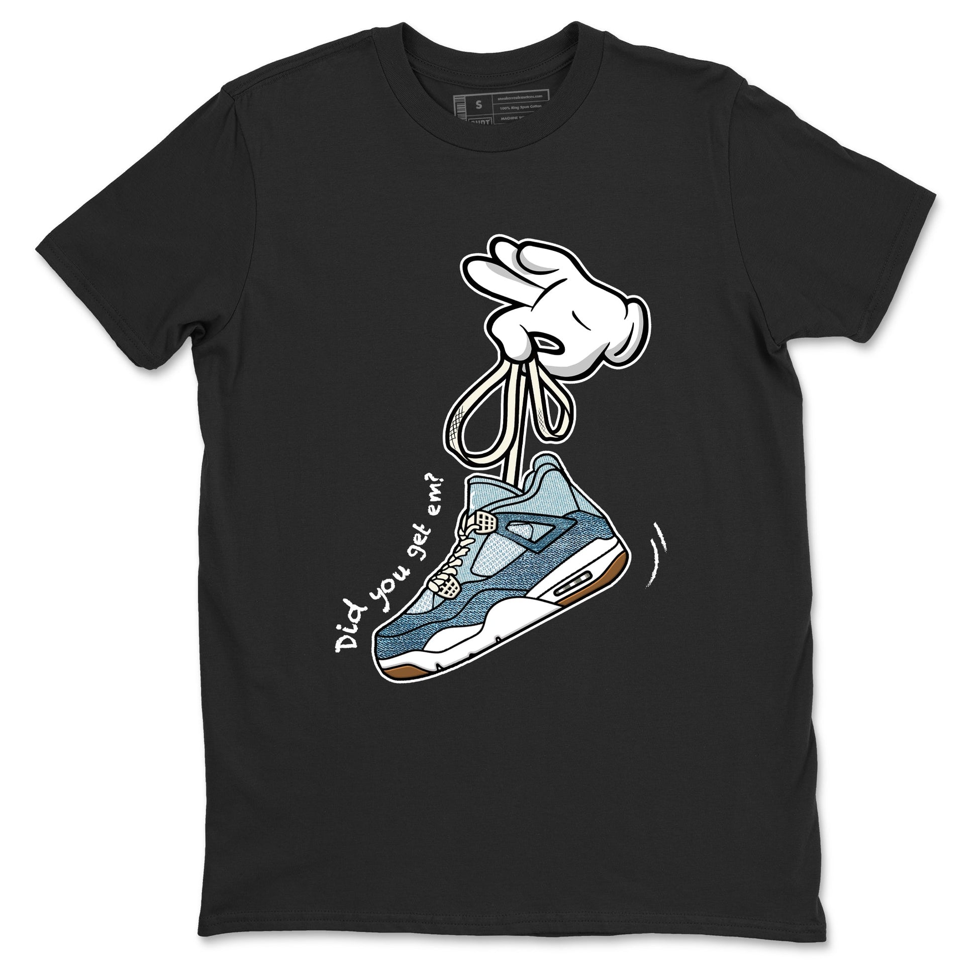 Sneaker match tees – Sneaker Tees To Match 4s Worn Blue Air Jordan 4 Denim Shoes – Cartoon Hands Tee Black 2