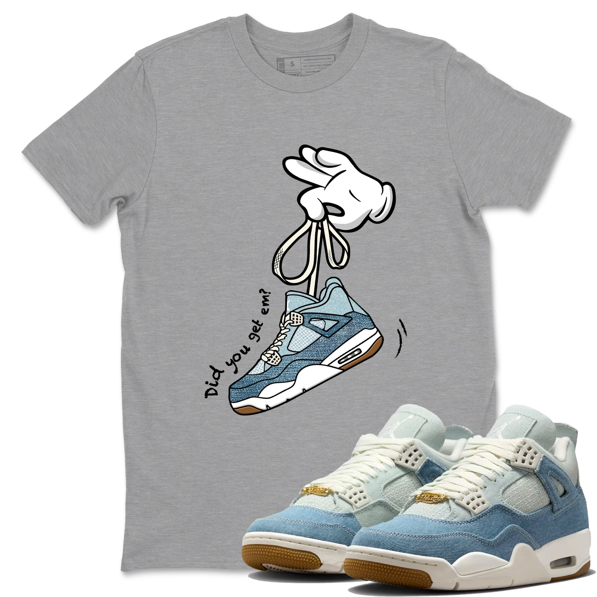 Sneaker match tees – Sneaker Tees To Match 4s Worn Blue Air Jordan 4 Denim Shoes – Cartoon Hands Tee Heather Grey 1