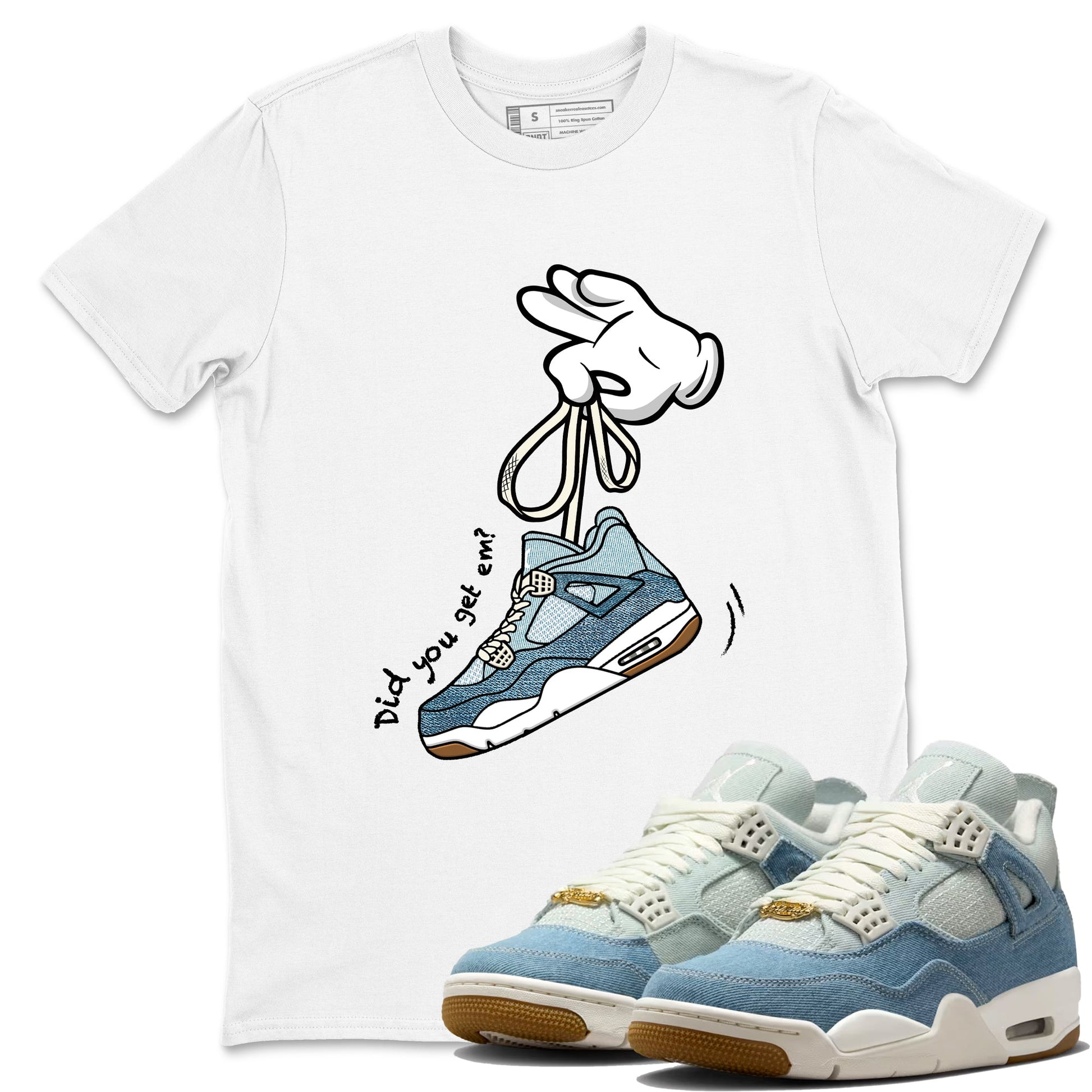 Sneaker match tees – Sneaker Tees To Match 4s Worn Blue Air Jordan 4 Denim Shoes – Cartoon Hands Tee White 1