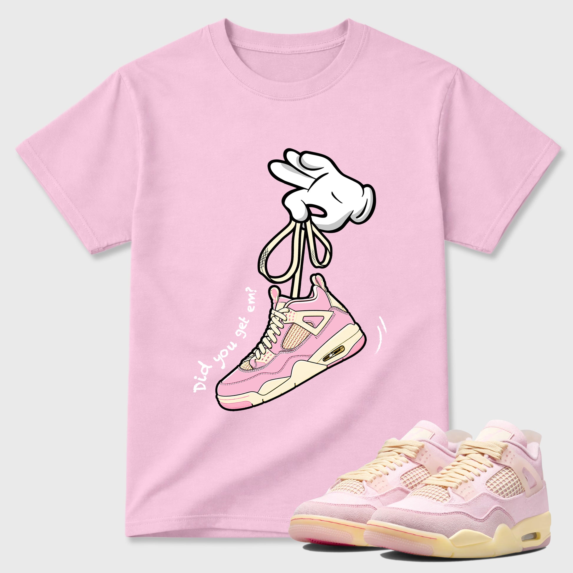 Sneaker match tees – Sneaker Tees To Match Air Jordan 4 Iced Carmine Shoes – Cartoon Hands Tee Pink 1