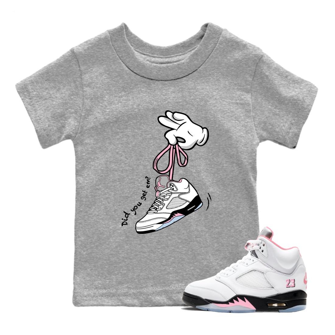 Sneaker match tees – Sneaker Tees To Match Air Jordan 5 Medium Soft Pink Shoes – Cartoon Hands Kids T-Shirt Heather Grey 1