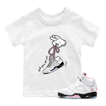 Sneaker match tees – Sneaker Tees To Match Air Jordan 5 Medium Soft Pink Shoes – Cartoon Hands Kids T-Shirt White 1