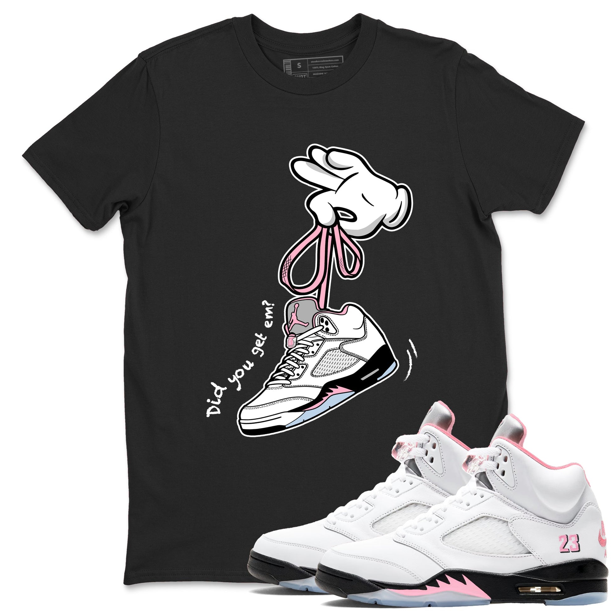 Sneaker match tees – Sneaker Tees To Match Air Jordan 5 Medium Soft Pink Shoes – Cartoon Hands Tee Black 1