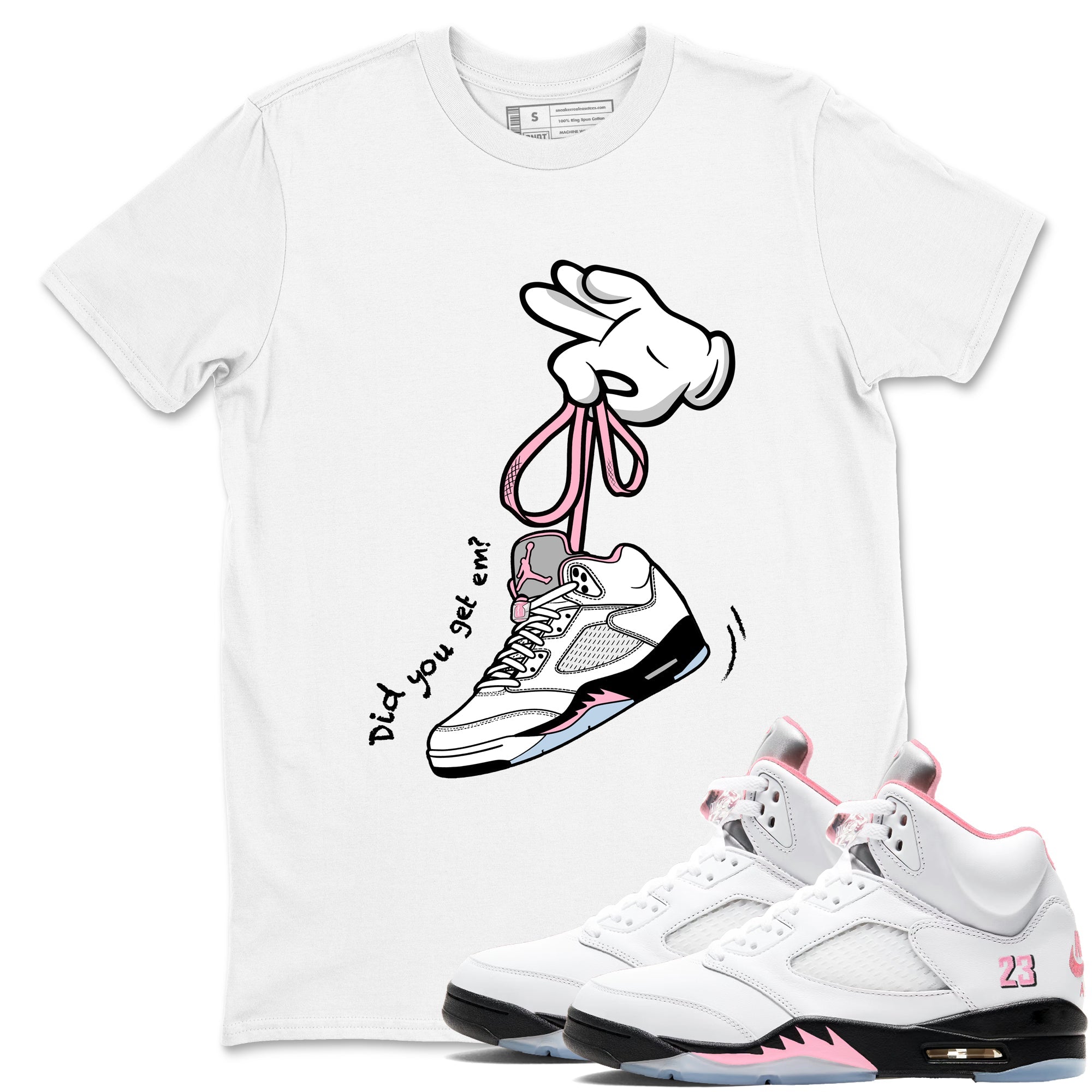 Sneaker match tees – Sneaker Tees To Match Air Jordan 5 Medium Soft Pink Shoes – Cartoon Hands Tee White 1