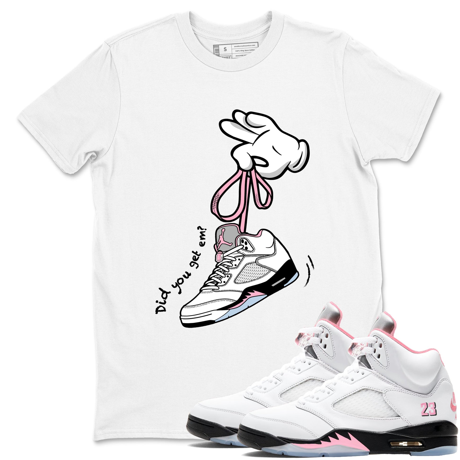 Sneaker match tees – Sneaker Tees To Match Air Jordan 5 Medium Soft Pink Shoes – Cartoon Hands Tee White 1