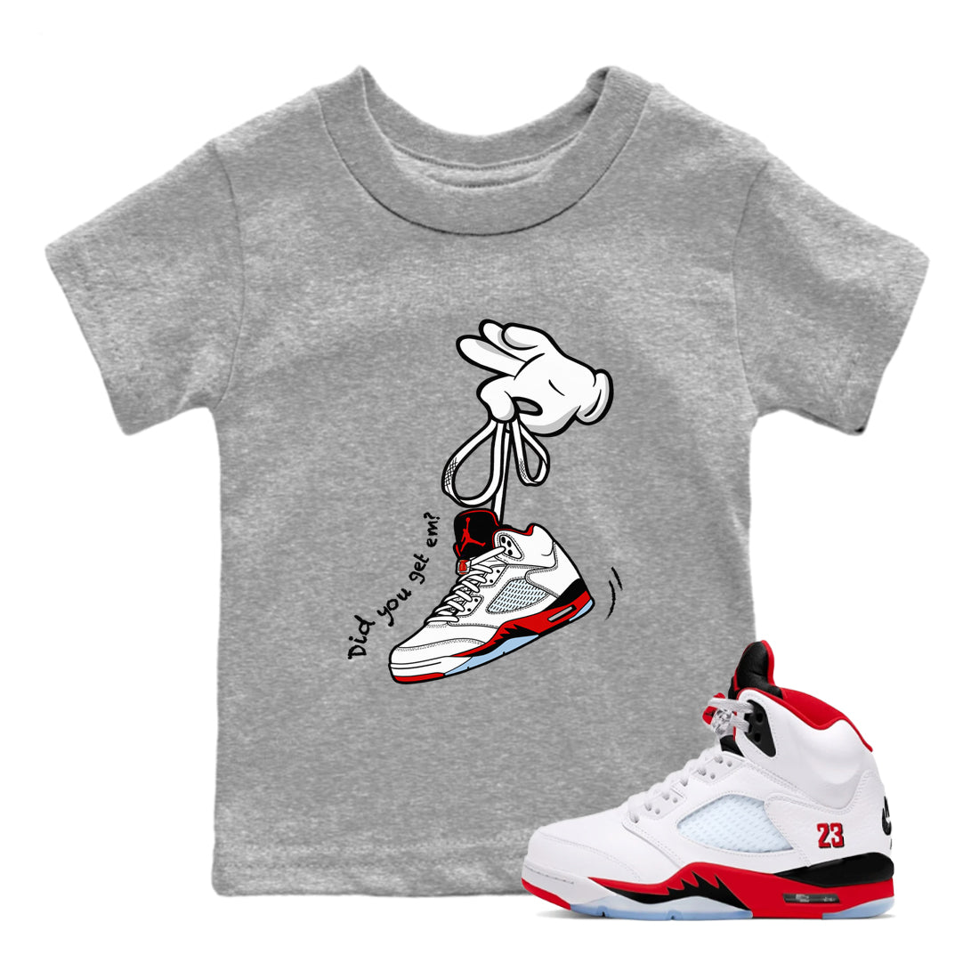 Sneaker match tees – Sneaker Tees To Match Air Jordan 5 Fire Red Shoes – Cartoon Hands Kids T-Shirt Heather Grey 1