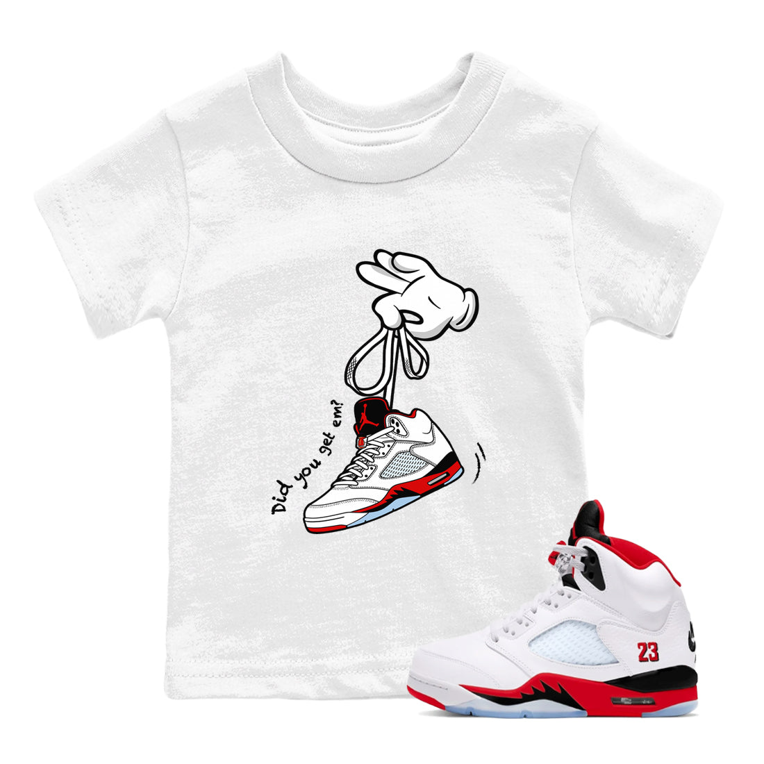 Sneaker match tees – Sneaker Tees To Match Air Jordan 5 Fire Red Shoes – Cartoon Hands Kids T-Shirt White 1
