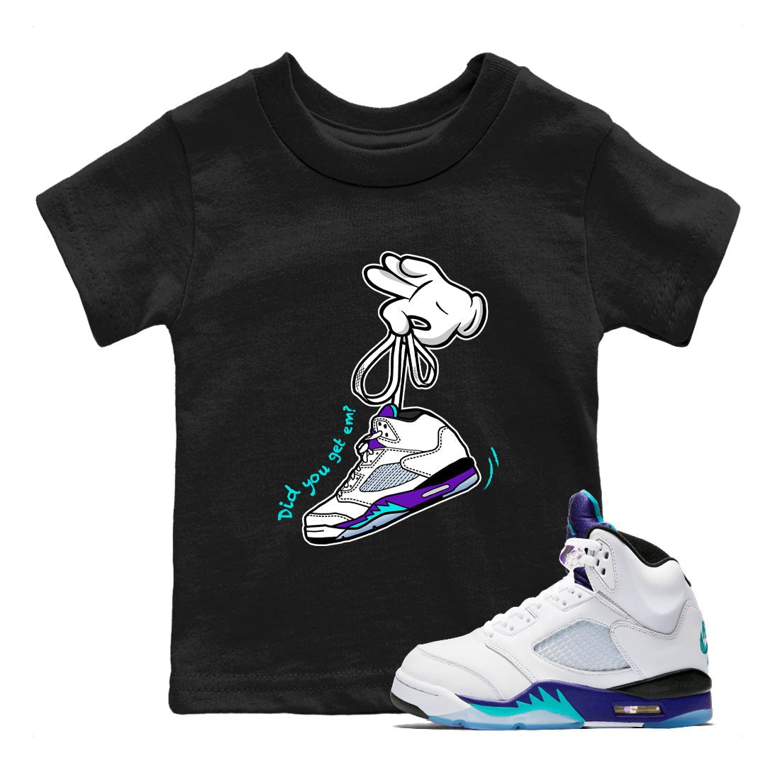 Cartoon Hands baby and kids t-shirt crafted for little sneakerheads to shine with the Air Jordan 5 Grape sneakers, displayed in Black 1.