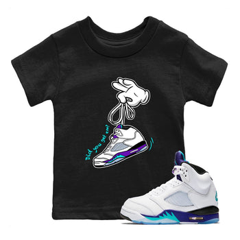 Cartoon Hands baby and kids t-shirt crafted for little sneakerheads to shine with the Air Jordan 5 Grape sneakers, displayed in Black 1.