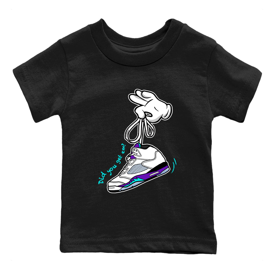 Cartoon Hands baby and kids t-shirt crafted for little sneakerheads to shine with the Air Jordan 5 Grape sneakers, displayed in Black 2.