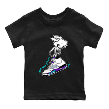 Cartoon Hands baby and kids t-shirt crafted for little sneakerheads to shine with the Air Jordan 5 Grape sneakers, displayed in Black 2.