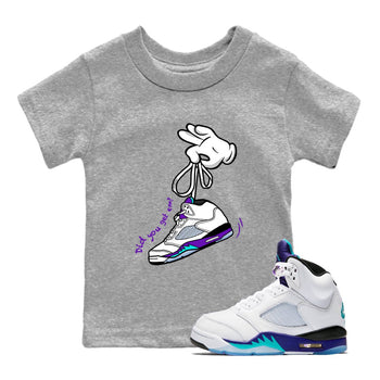 Cartoon Hands baby and kids t-shirt crafted for little sneakerheads to shine with the Air Jordan 5 Grape sneakers, displayed in Heather Grey 1.