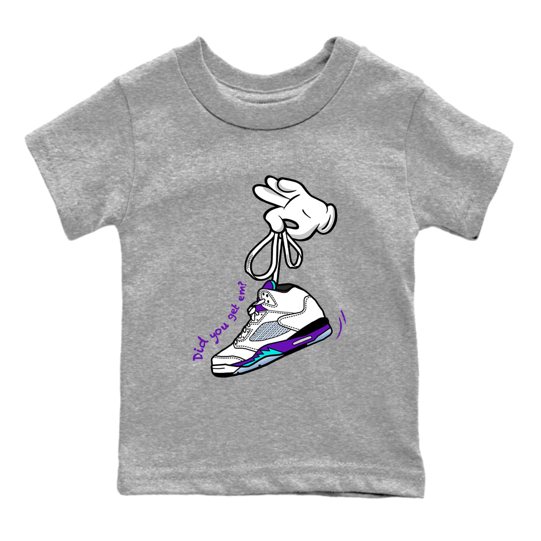 Cartoon Hands baby and kids t-shirt crafted for little sneakerheads to shine with the Air Jordan 5 Grape sneakers, displayed in Heather Grey 2.
