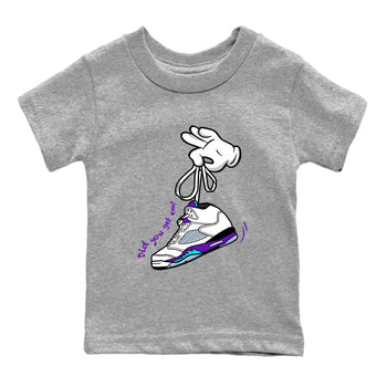 Cartoon Hands baby and kids t-shirt crafted for little sneakerheads to shine with the Air Jordan 5 Grape sneakers, displayed in Heather Grey 2.