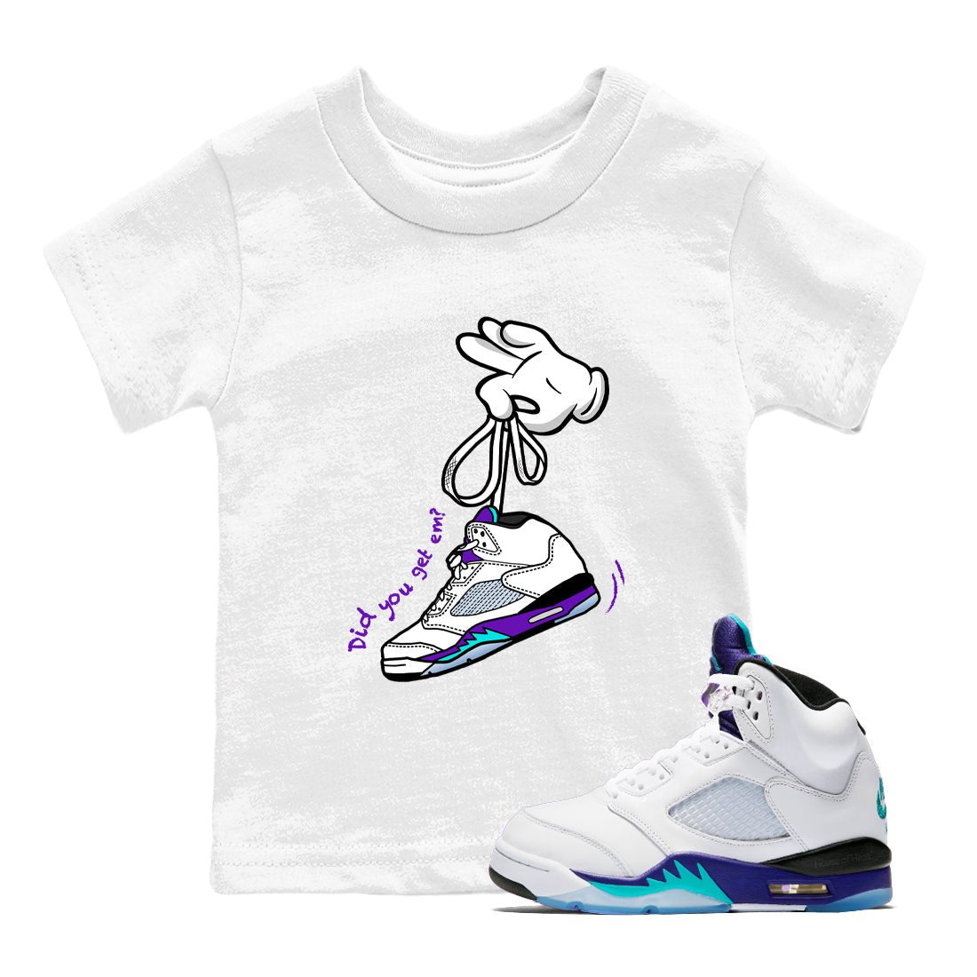 Cartoon Hands baby and kids t-shirt crafted for little sneakerheads to shine with the Air Jordan 5 Grape sneakers, displayed in White 1.