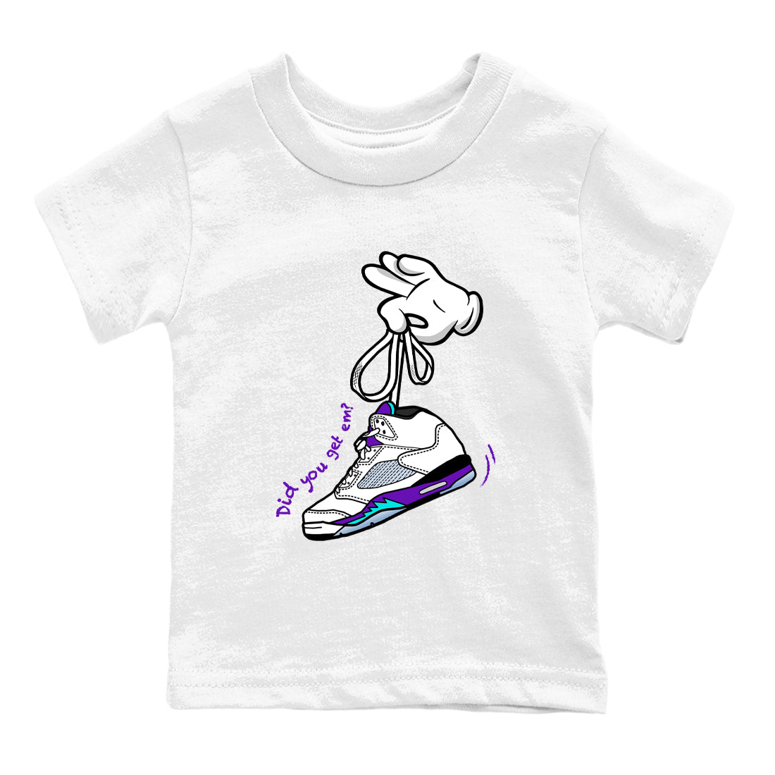 Cartoon Hands baby and kids t-shirt crafted for little sneakerheads to shine with the Air Jordan 5 Grape sneakers, displayed in White 2.