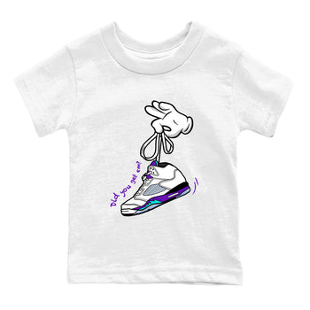 Cartoon Hands baby and kids t-shirt crafted for little sneakerheads to shine with the Air Jordan 5 Grape sneakers, displayed in White 2.